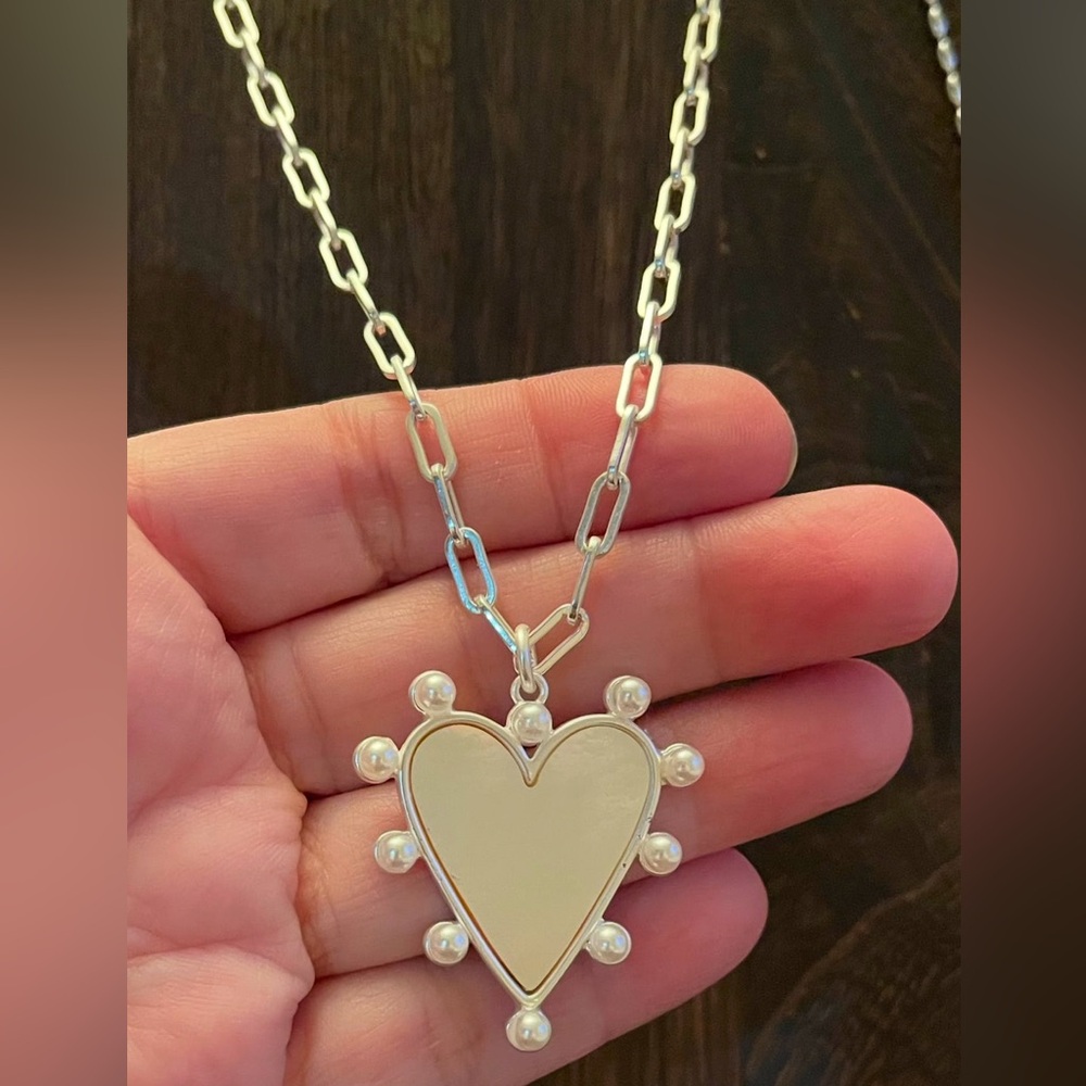 Silver Siren Necklace: Silver Paperclip chain w pearl trimmed heart & MOP center